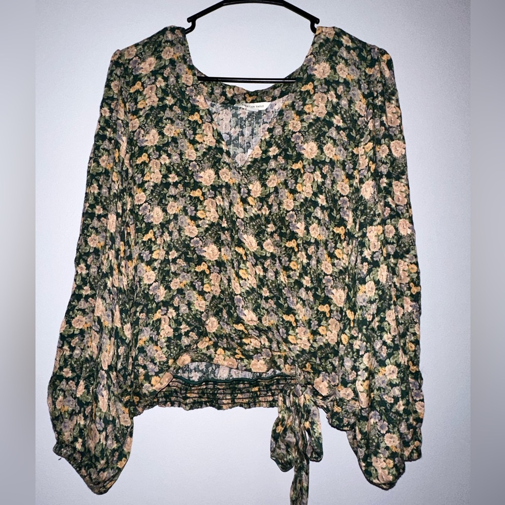 American eagle green blouse with floral print and wrap tie in front